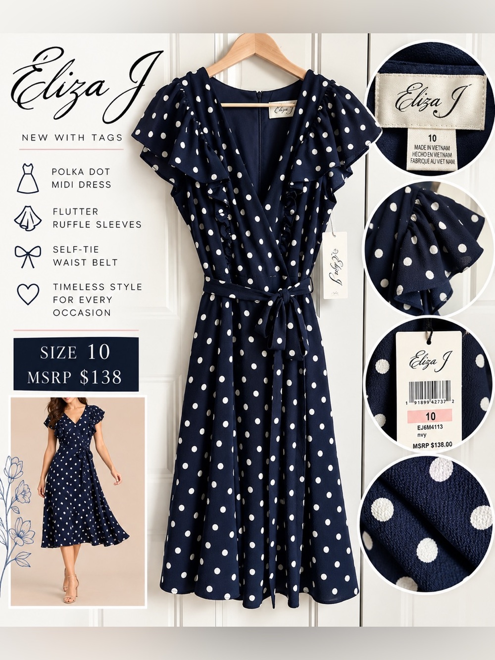 NWT Eliza J Navy White Polka Dot Ruffle Wrap Midi Dress Size 10 Belted